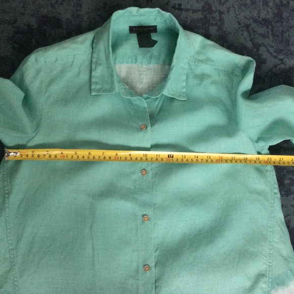 Donna Karan Shirt Large Linen Button Up Blues Teal Navy - Picture 8 of 12